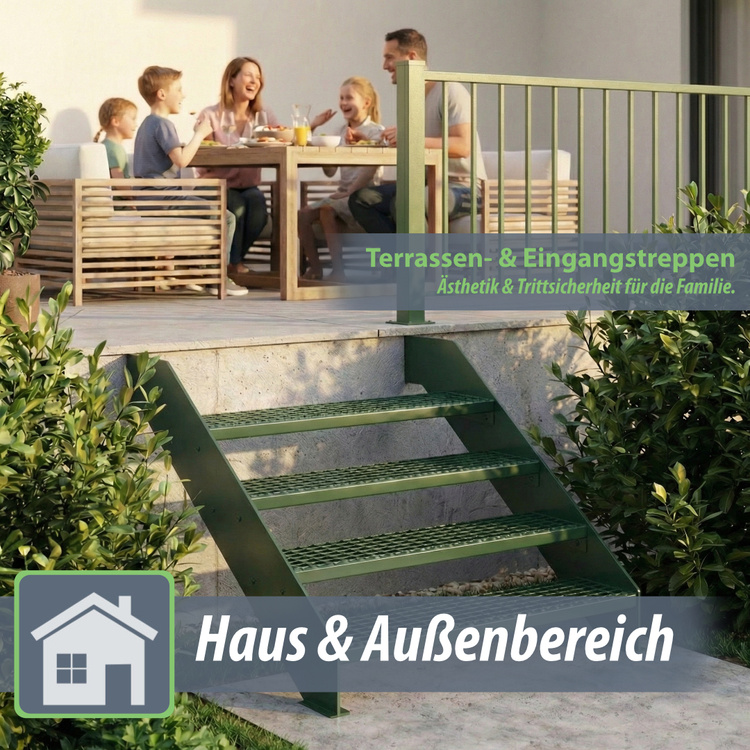 Metallstufe Gitterroststufen Treppenstufen, RAL 6005 Moosgrün matt, Maschenweite 34x38mm - 600x270mm