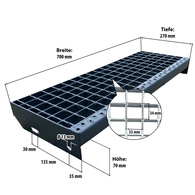 Metallstufe Gitterroststufen Treppenstufen, RAL 9005 Tiefschwarz matt, Maschenweite 34x38mm - 700x270mm