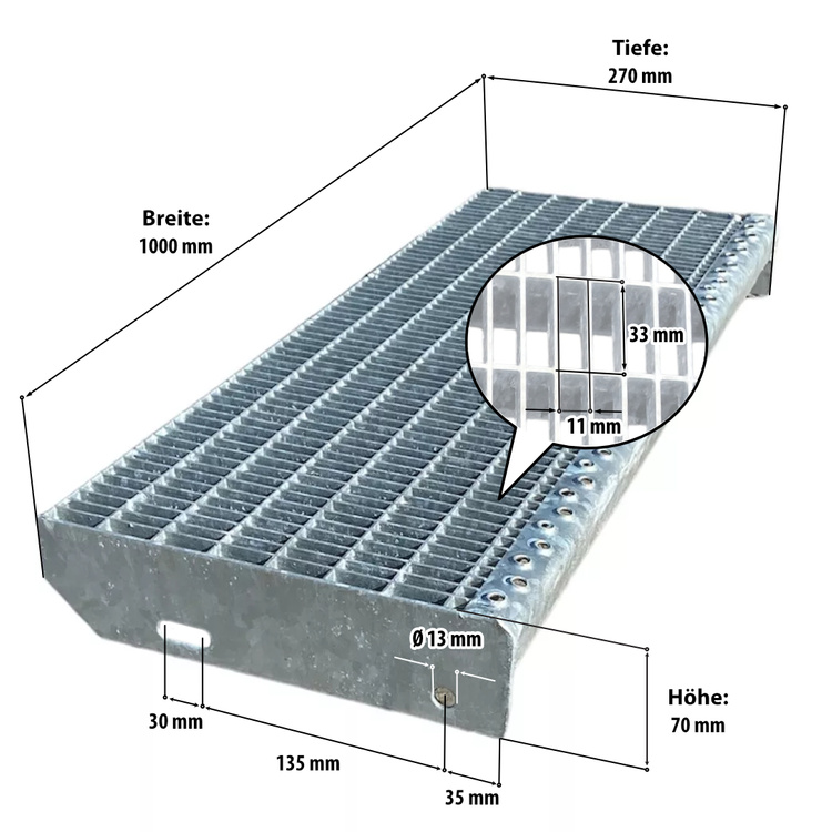 Metallstufe verzinkt Gitterroststufen Treppenstufen, Maschenweite 33x11 mm - 1000/270 mm