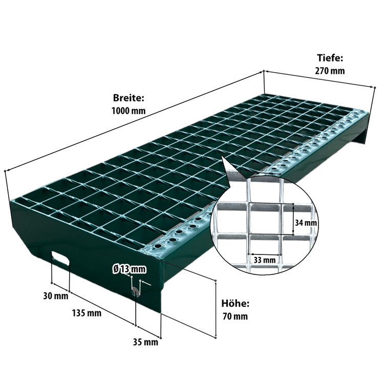 Metallstufe Gitterroststufen Treppenstufen, RAL 6005 Moosgrün matt, Maschenweite 34x38mm - 1000x270mm