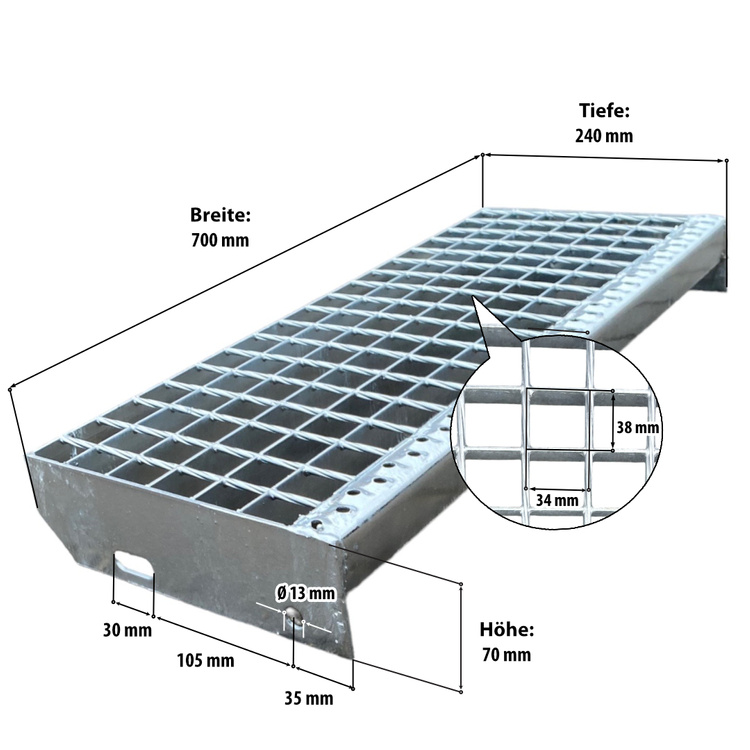Metallstufe verzinkt Gitterroststufen Treppenstufen, Maschenweite 34x38mm - 600/240 mm