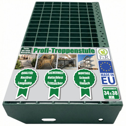 Metallstufe Gitterroststufen Treppenstufen, RAL 6005 Moosgrün matt, Maschenweite 34x38mm - 1000x270mm