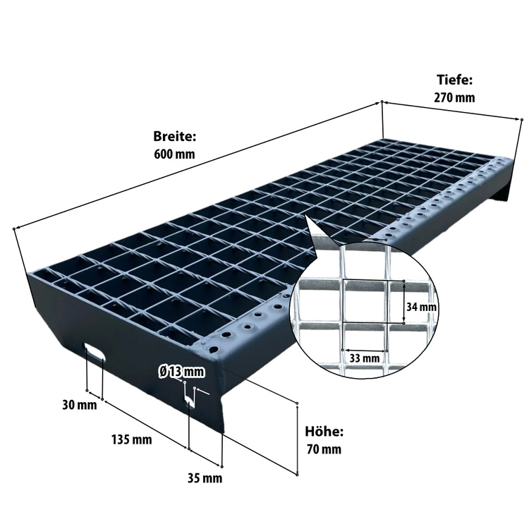 Metallstufe Gitterroststufen Treppenstufen, RAL 7016 Anthrazitgrau matt, Maschenweite 34x38mm - 600x270mm