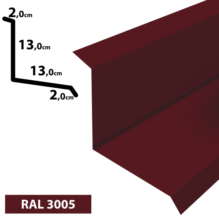 1m Wandanschluss Dachblech pulverbeschichtetes 0,5 mm, Zuschnitt 30 cm -RAL-3005 Weinrot