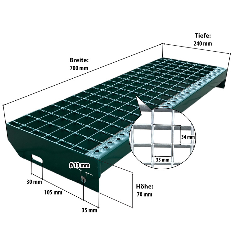 Metallstufe Gitterroststufen Treppenstufen, RAL 6005 Moosgrün matt, Maschenweite 34x38mm - 700x240mm