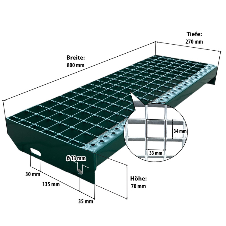Metallstufe Gitterroststufen Treppenstufen, RAL 6005 Moosgrün matt, Maschenweite 34x38mm - 800x270mm